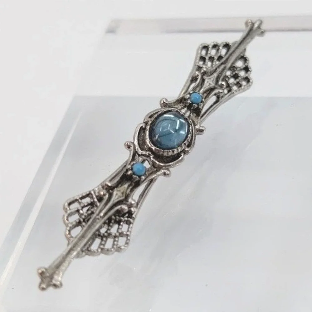 Vintage ART Filigree Bar Pin Blue Cabochon Brooch Silver Tone Victorian Revival